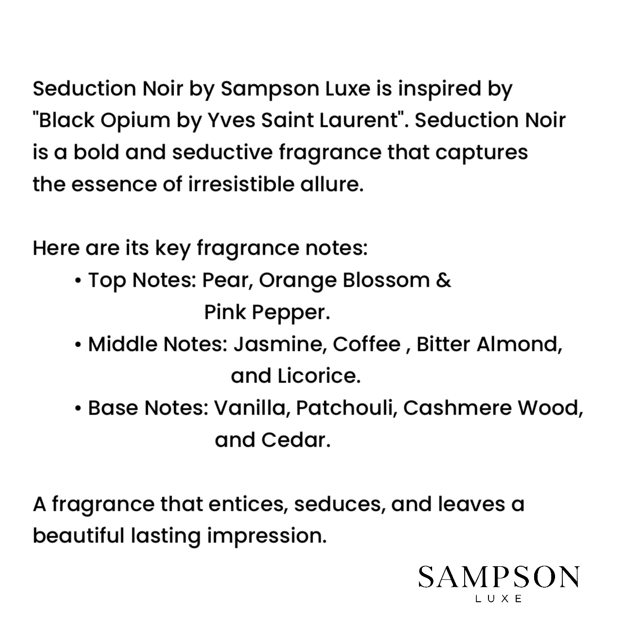 Seduction Noir EDP 3.4oz/100ml (Inspired by Black Opium by Yves Saint Laurent)